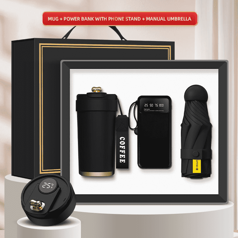 Darilna škatla 3 v 1 z logotipom po meri, skodelica Power Bank, mini dežnik